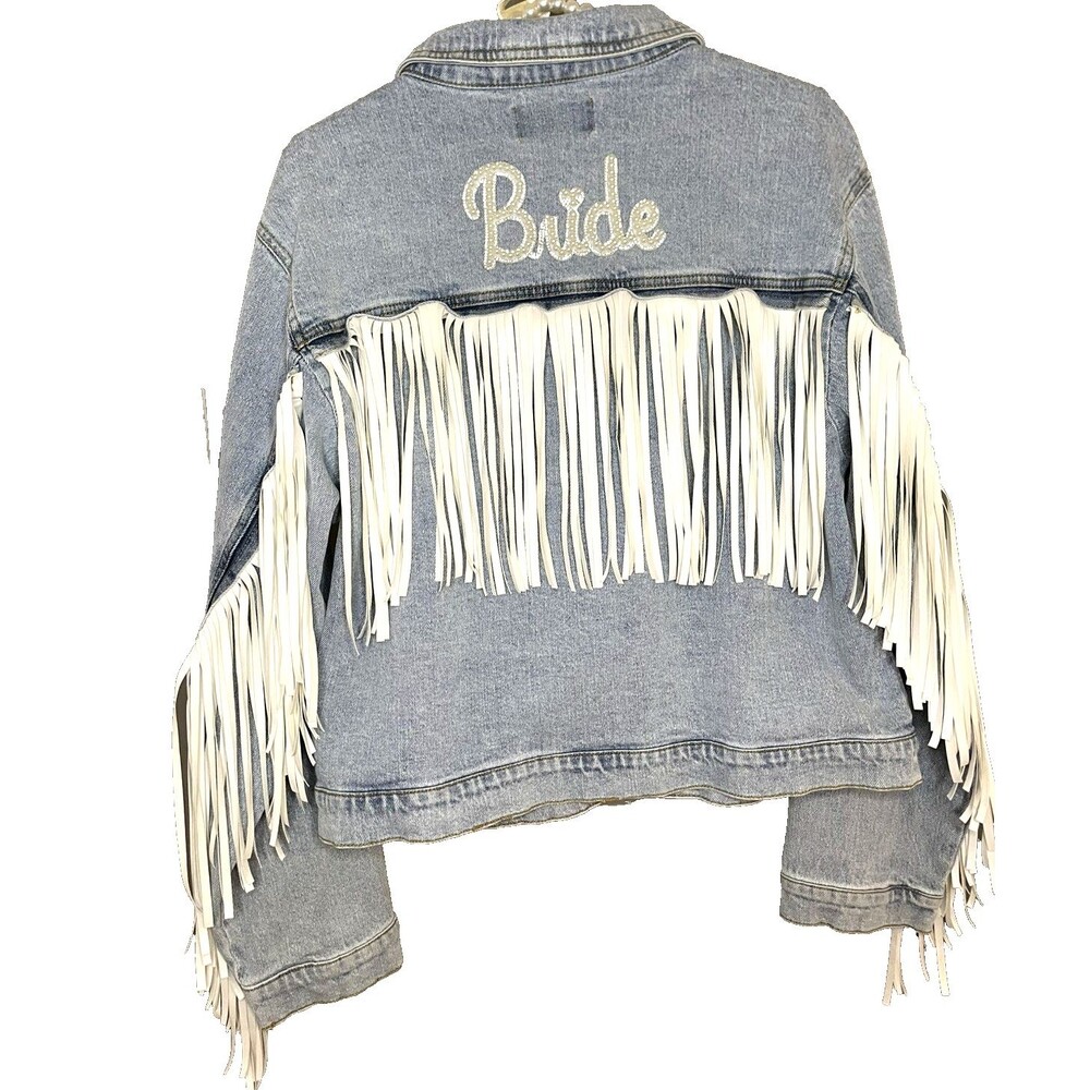 NewW tags BRIDE Denim L Jean Jacket fringe bachelorette party wedding honeymoon